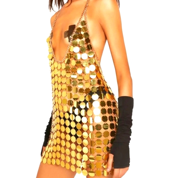 Festival - Sunlight Deity Luxury Gold Sequin Pailette Mini Dress M/L - Picture 3 of 5